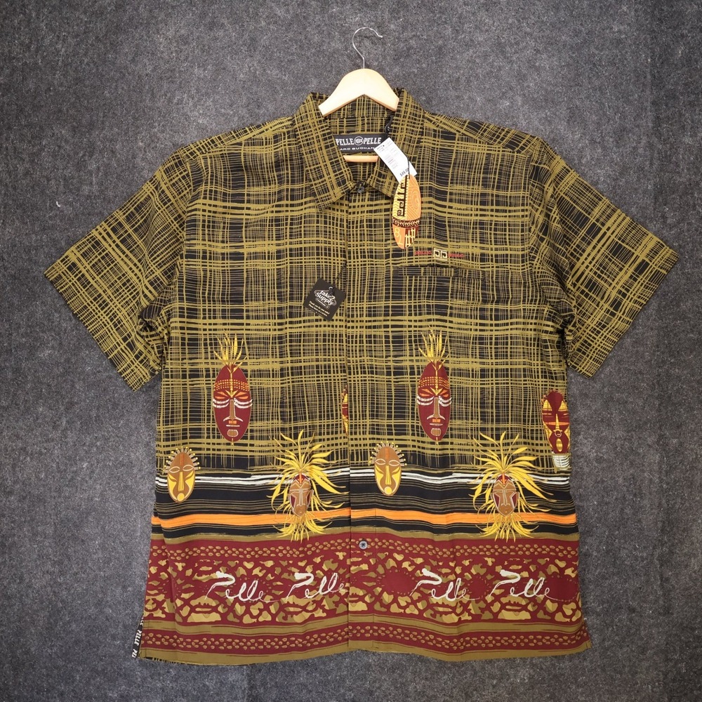 Pelle Pelle Button Up Shirt Mens XL Black New Vintage Tribal Mask Marc Buchanan